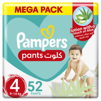 Pampers Baby-Dry Pants Diapers with Aloe Vera Lotion, 360 Fit & up to 100% Leakproof, Size 4, 9-14kg, 4 Mega Packs, 208 Count