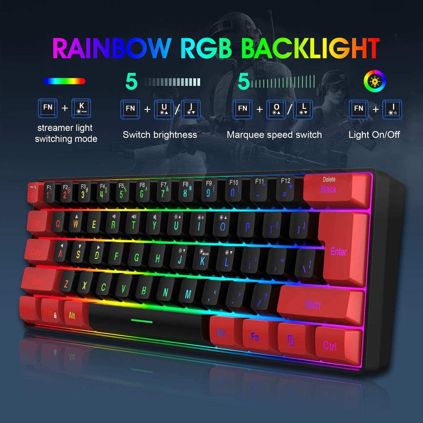 ROCK POW 60% Wired Gaming Keyboard, RGB Backlit Ultra-Compact Mini Keyboard, Waterproof Small Compact 61 Keys Keyboard for PC/Mac Gamer, Typist, Travel, Easy to Carry on Business Trip(Black-White)