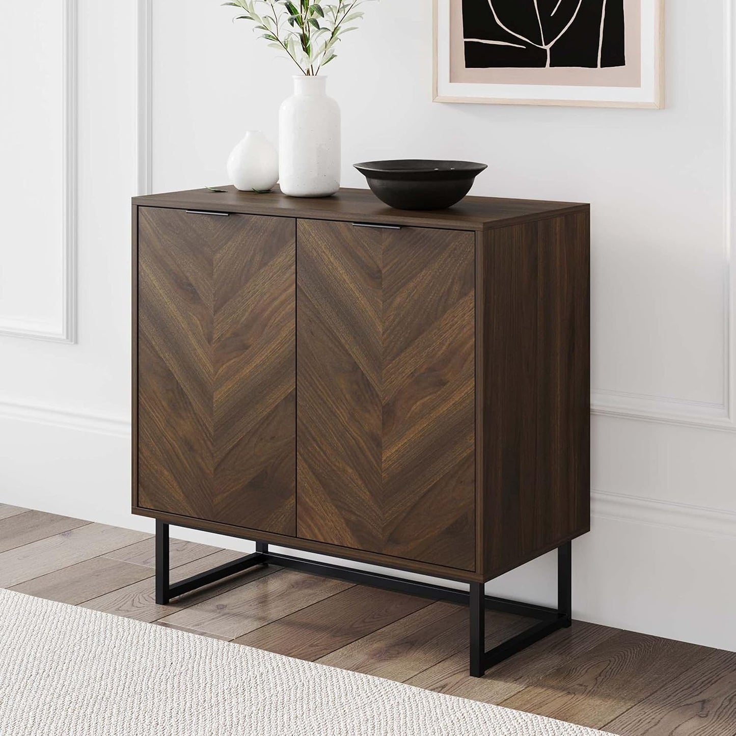 Nathan James Enloe Modern Sideboard Buffet Storage Accent Cabinet with Doors in a Rustic Walnut Finish and Black Matte Metal Base for Hallway, Entryway, Kitchen or Living Room, Walnut/Black