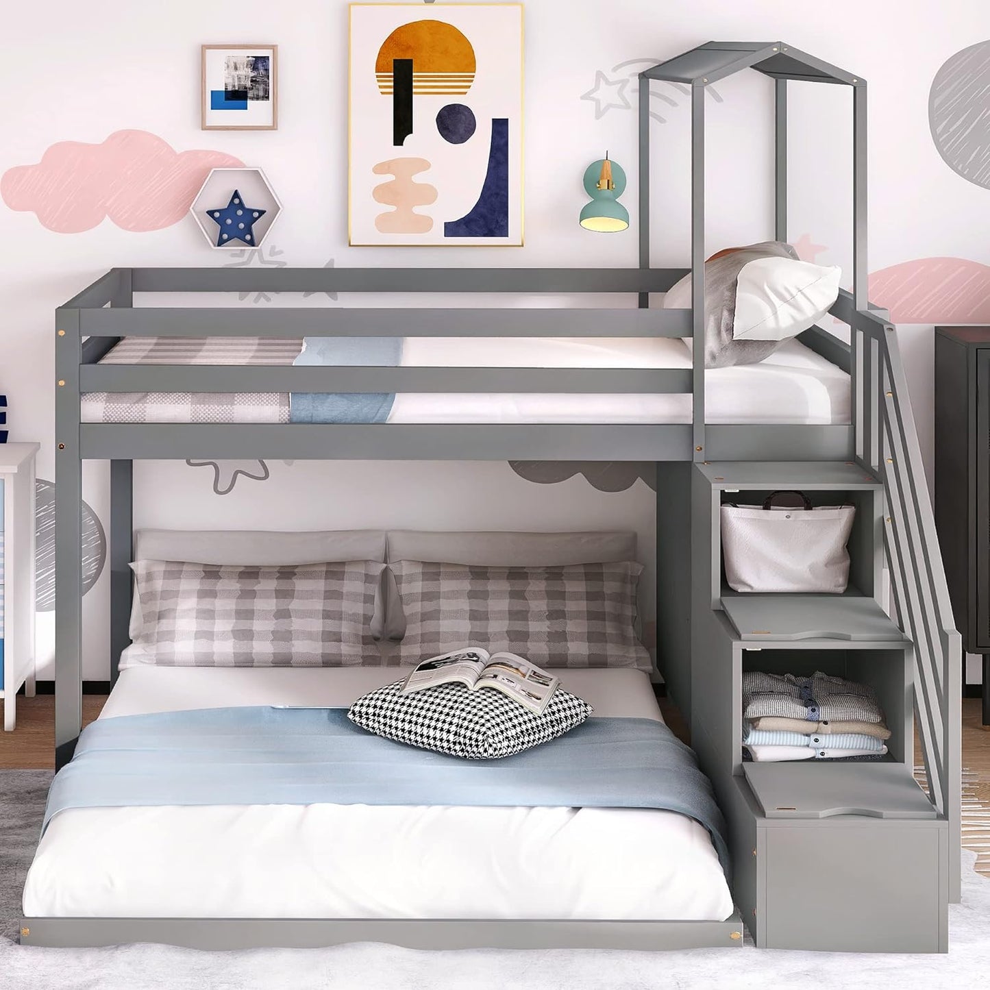 MOEO Twin Over Full House Roof Bunk Bed with Staircase and Shelves, Bedroom Wooden Bunkbed Fram w/Storage, Guard Rails for Kids, Teens, Adults, No Box Spring Required, Gray