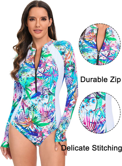 Maeau Women's Long Sleeve Rash Guard UV Protection Zipper Printed Surfing One Piece Swimsuit Bathing Suit