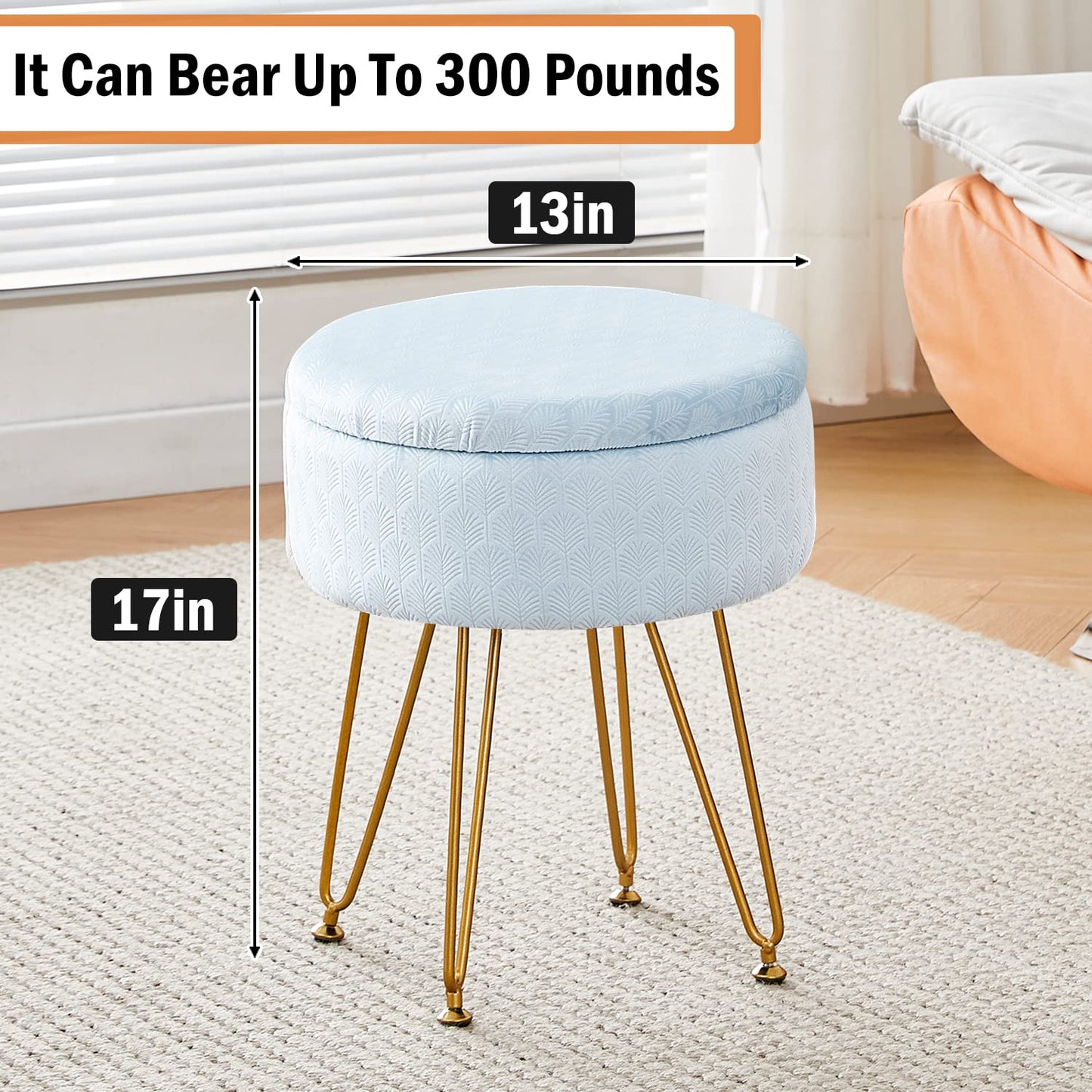 Cpintltr Footrest Footstools Round Velvet Ottoman with Storage Space Soft Vanity Chair with Memory Foam Seat Small Side Table Hallway Step Stool 4 Gold Metal Legs with Adjustable Footings Champagne