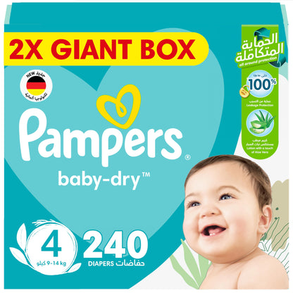 Pampers Baby-Dry Taped Diapers with Aloe Vera Lotion, up to 100% Leakage Protection, Size 4, 9-14kg, 240 Count