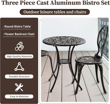 PATIO-IN 3 Piece Patio Bistro Set Cast Aluminum Bistro Table and Chairs Set of 2