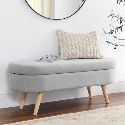 IAFIKE Oval Storage Bench 43.5" Linen Fabric Upholstered Ottoman Indoor Bench with Solid Wood Legs for Living Room/Bedroom/End of Bed/Entryway/Bed Side (White)