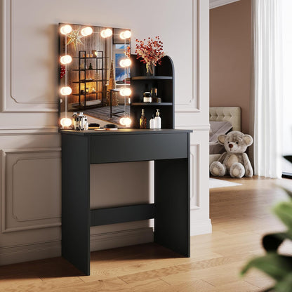 SONNI Dressing Table with LED Lighting and HD Mirror, with 10 Adjustable Brightness, 3 Colours, Dressing Tables with Drawers for Bedroom, 3 Open Compartments, Black, 70 x 40 x 140 cm