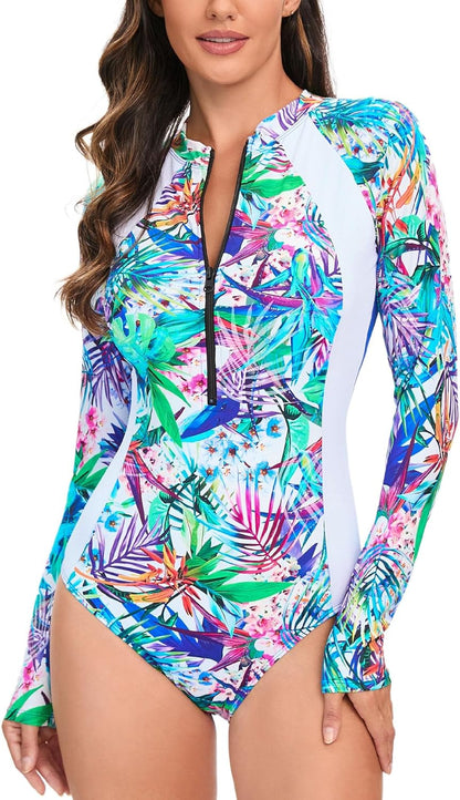 Maeau Women's Long Sleeve Rash Guard UV Protection Zipper Printed Surfing One Piece Swimsuit Bathing Suit