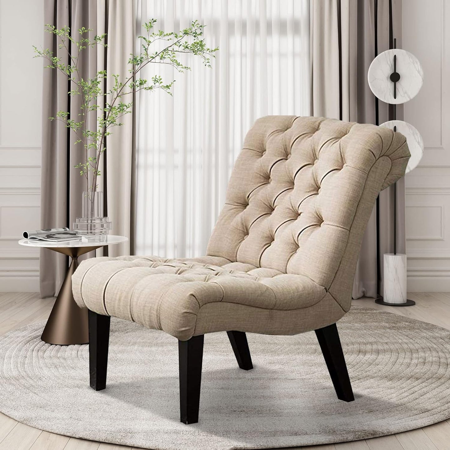 Alunaune Bedroom Chairs Armless Accent Lounge Chair Upholstered Tufted Sofa Backrest Fabric Recliner Living Room Chairs with Wood Legs-Khaki