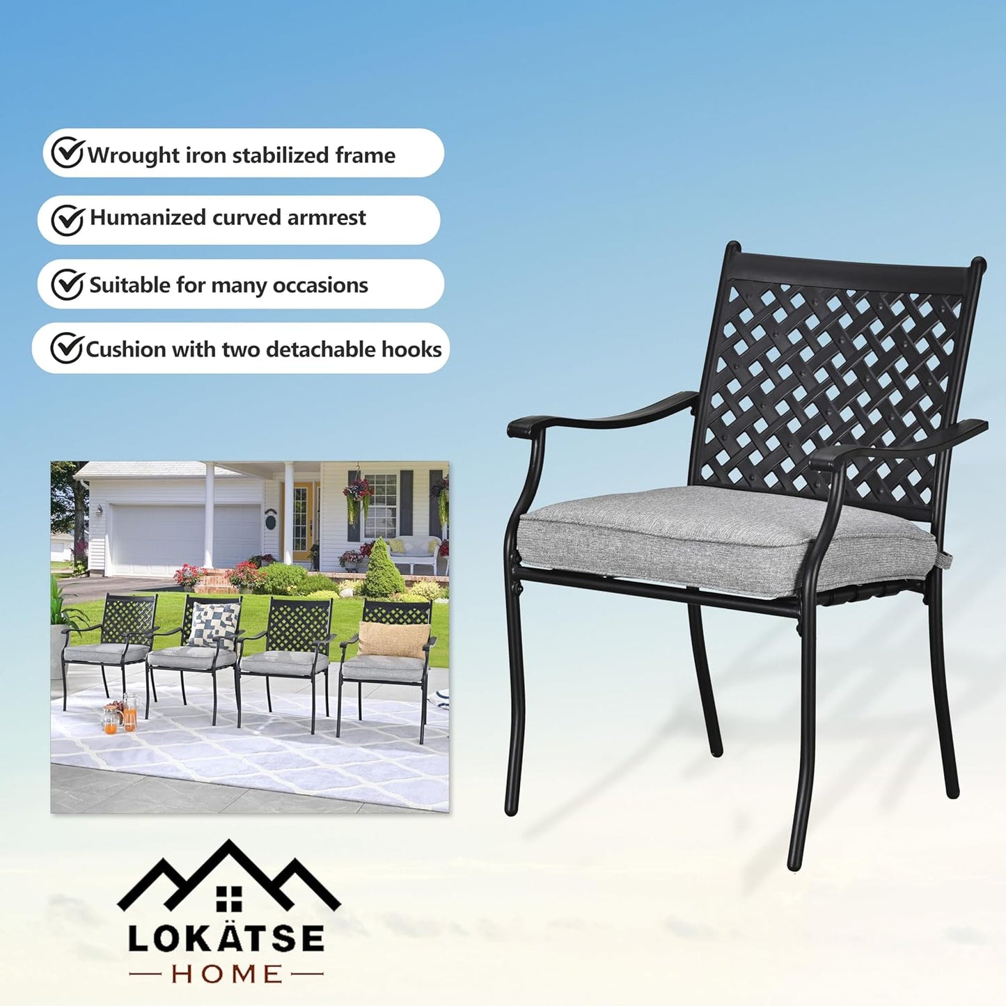 LOKATSE HOME 5 PCS Outdoor Patio Dining Set 4 Armchair with Cushions and 1 Round Table with 2.04" Umbrella Hole, Khaki