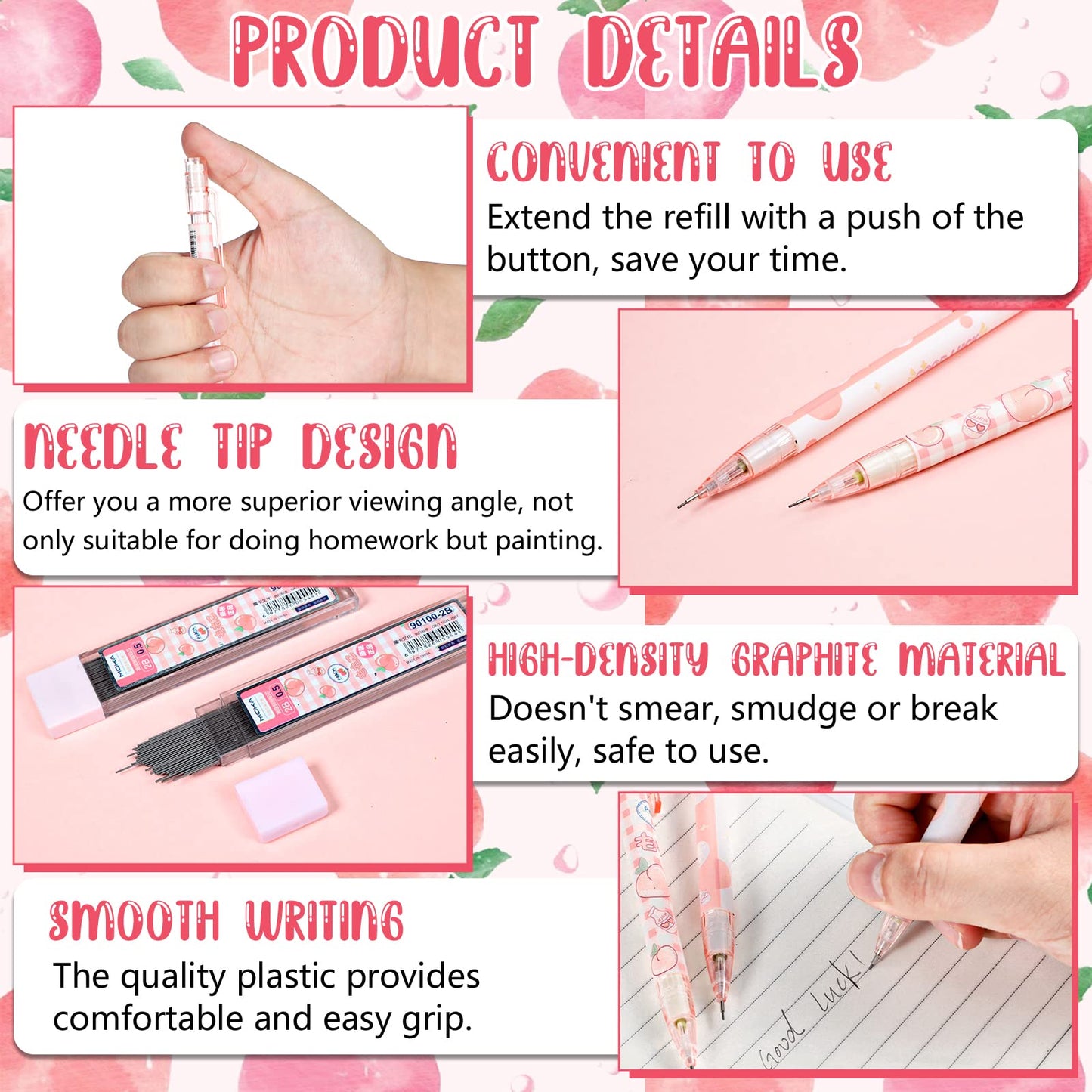 Sabary Kawaii Mechanical Pencil Set Include Peach Mechanical Pencils with Tubes 0.5 mm Pencil Refills and Cute Juice Peach Erasers School Supplies for Sketching Architecture Drawing (15 Pcs)