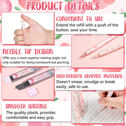 Sabary Kawaii Mechanical Pencil Set Include Peach Mechanical Pencils with Tubes 0.5 mm Pencil Refills and Cute Juice Peach Erasers School Supplies for Sketching Architecture Drawing (15 Pcs)