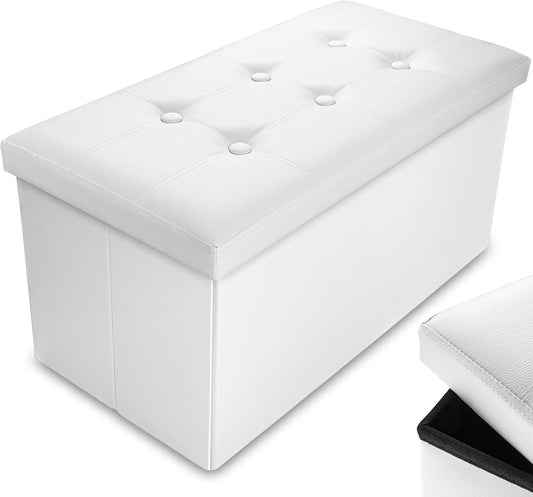 Nyxi Faux Leather 76 * 38 * 38cm White Ottoman Foldable Storage Boxes Seat Foot Stool Storage Box with Lids for Kids Toys, Bedroom, Hallway, Living Room…