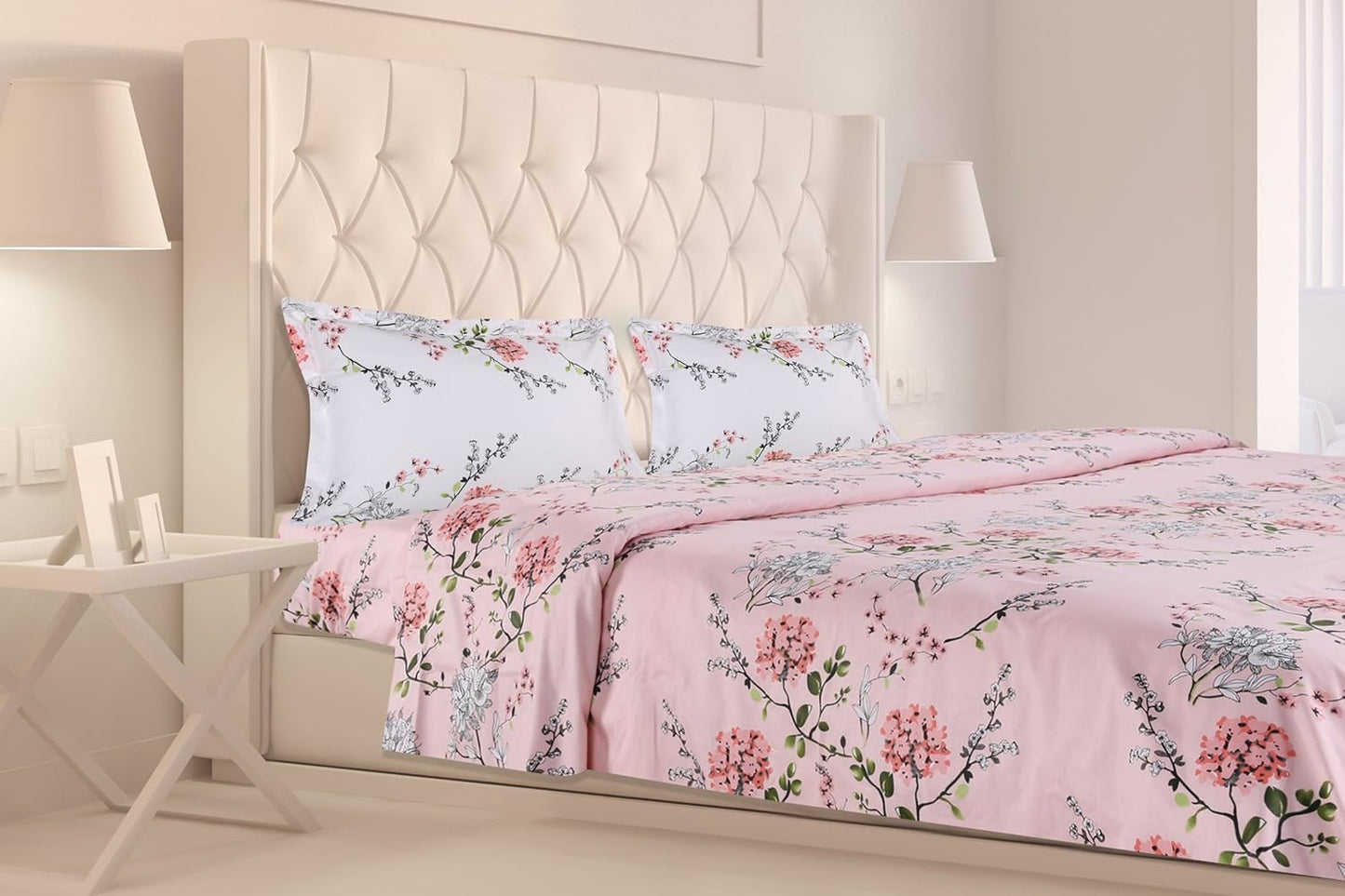 haus & kinder Victorian Summer Dream 100% Cotton Double Bedsheet with 2 Pillow Covers, 186 TC, Size 250 cm by 220 cm (Pink 1)