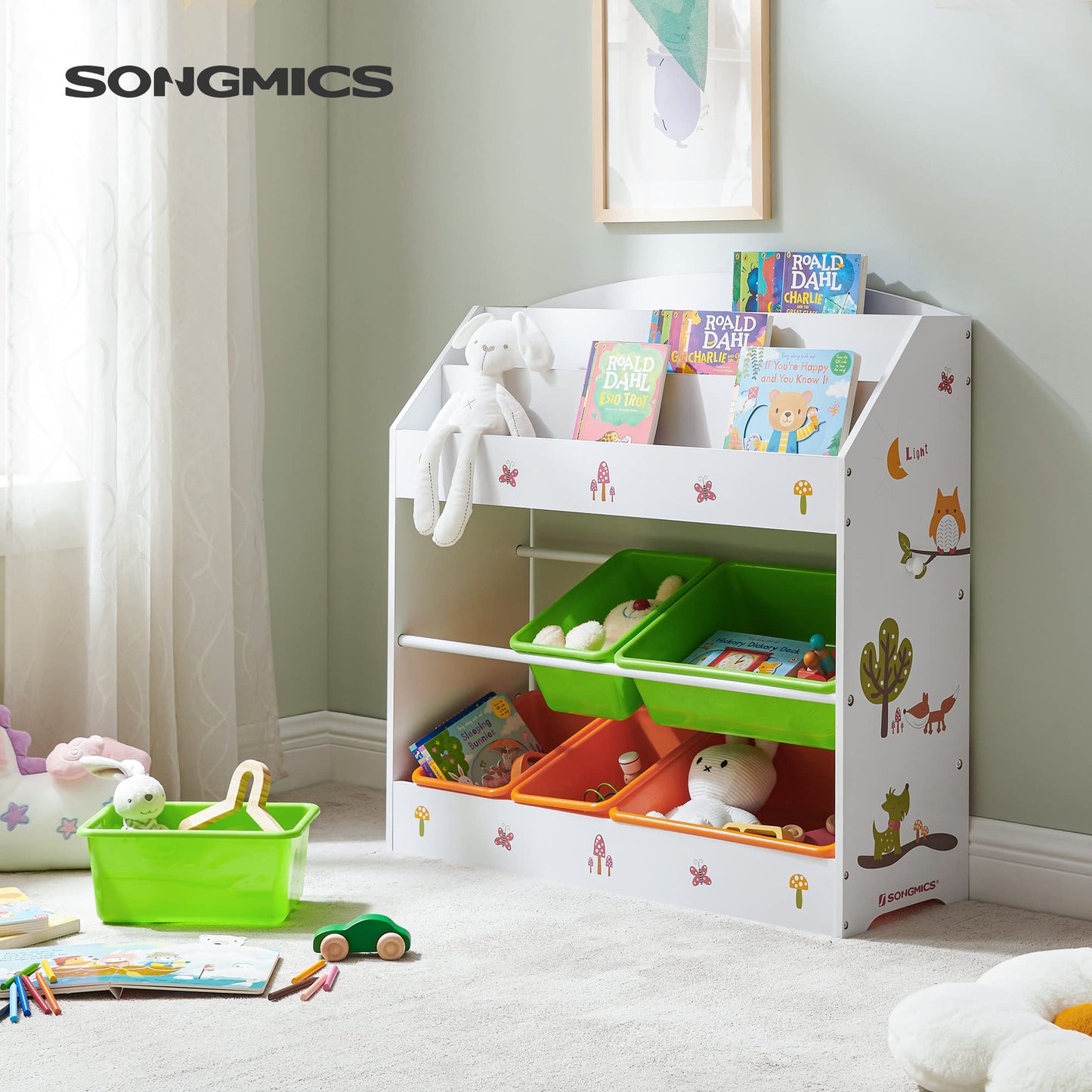 SONGMCIS Toy And Book Organiser For Children, With 3-Tier Bookshelf And 6 Removable Bins, Wooden Storage Unit And Rack For Playroom, Kid’S Room, Nursery, White, Green, Orange, 83 x 29.5 x 85.2 cm