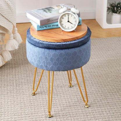 Cpintltr Footrest Footstools Round Velvet Ottoman with Storage Space Soft Vanity Chair with Memory Foam Seat Small Side Table Hallway Step Stool 4 Gold Metal Legs with Adjustable Footings Champagne