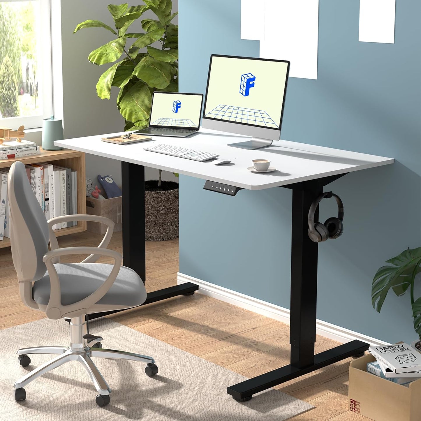 Flexispot 55 X 28 Inches Electric Stand Up Metal Desk Workstation, Whole Piece Desk Board Home Office Computer Standing Table Height Adjustable Desk Black Frame and 55 Black Top