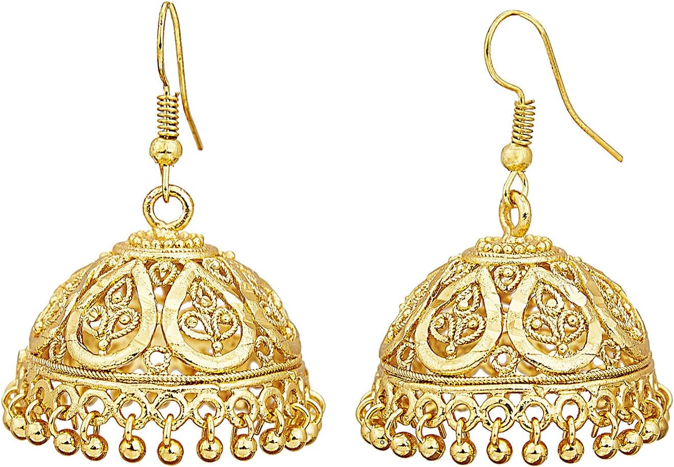 Bodha Gold Plated Traditional Indian Hook Hanging Lightweight Jhumka Earrings (SJ_442), Medium, Brass, crystal