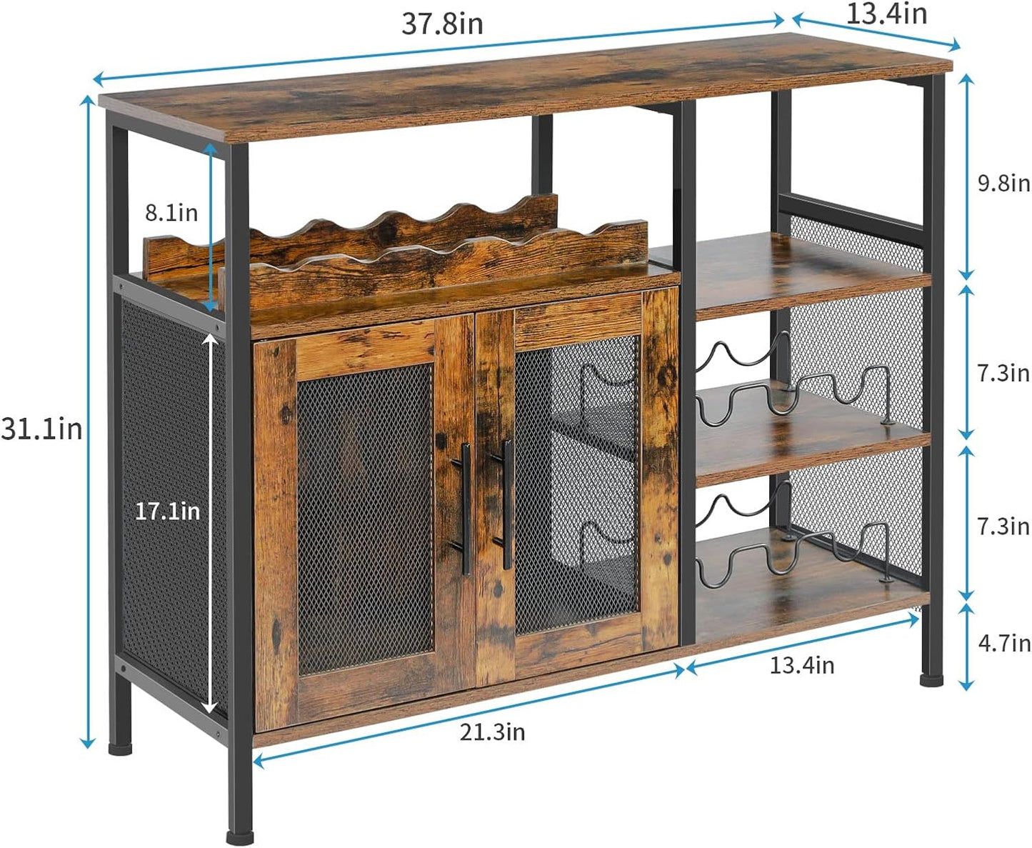 X-cosrack Wine Bar Rack Cabinet with Detachable Wine Rack, Coffee Bar Cabinet with Glass Holder, Small Sideboard and Buffet Cabinet with Mesh Door, Rustic Brown, Large