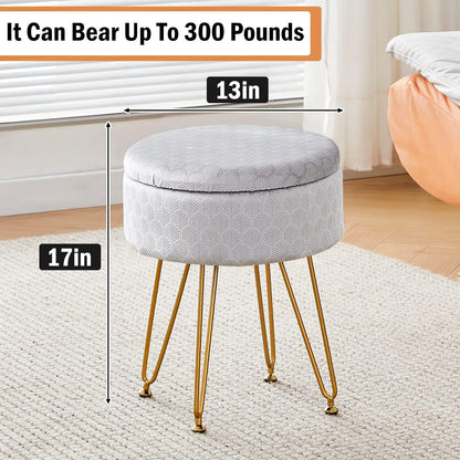 Cpintltr Footrest Footstools Round Velvet Ottoman with Storage Space Soft Vanity Chair with Memory Foam Seat Small Side Table Hallway Step Stool 4 Gold Metal Legs with Adjustable Footings Champagne