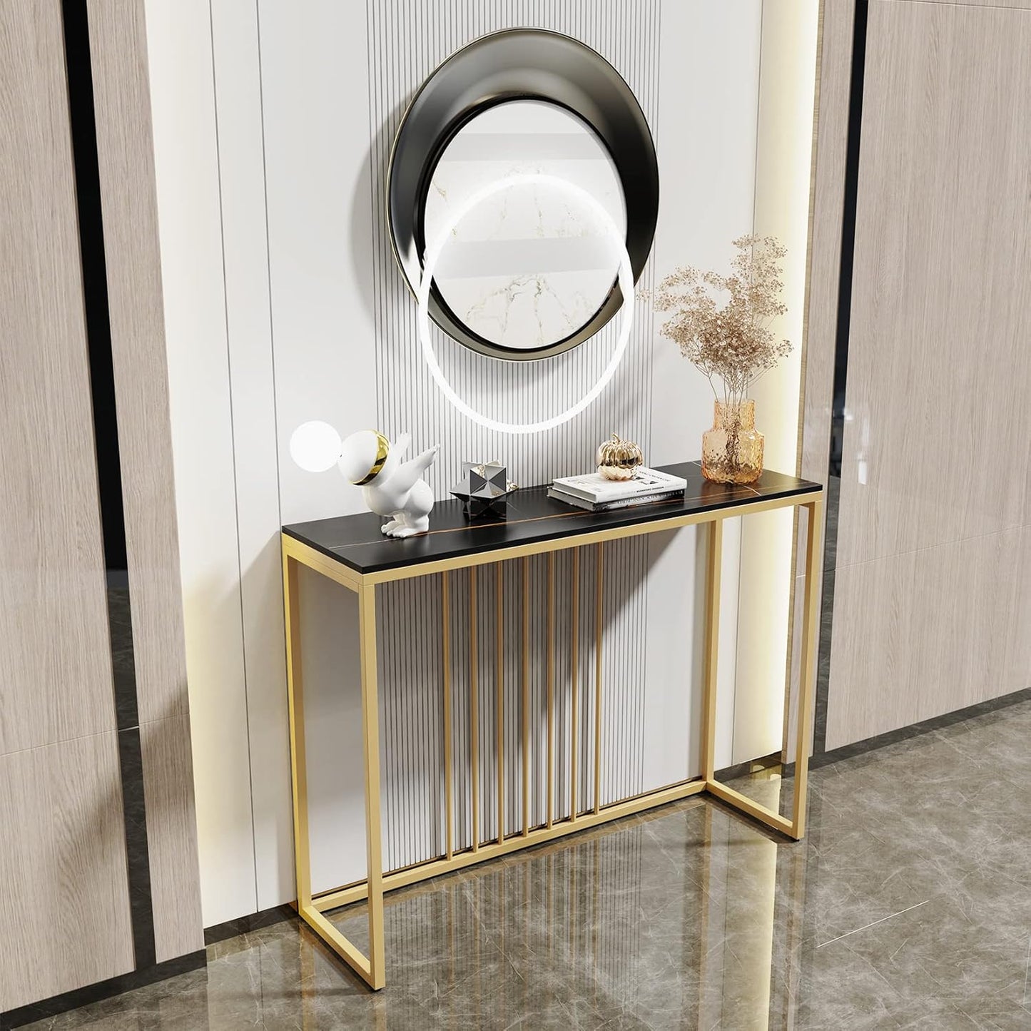 Wisfor Console Table for Entryway: Genuine Sintered Stone Table Marble Table Top Metal Golden Frame Modern Table Sturdy Sofa Side Table Console Hallway Foyer Table, White 100x30x78.5cm