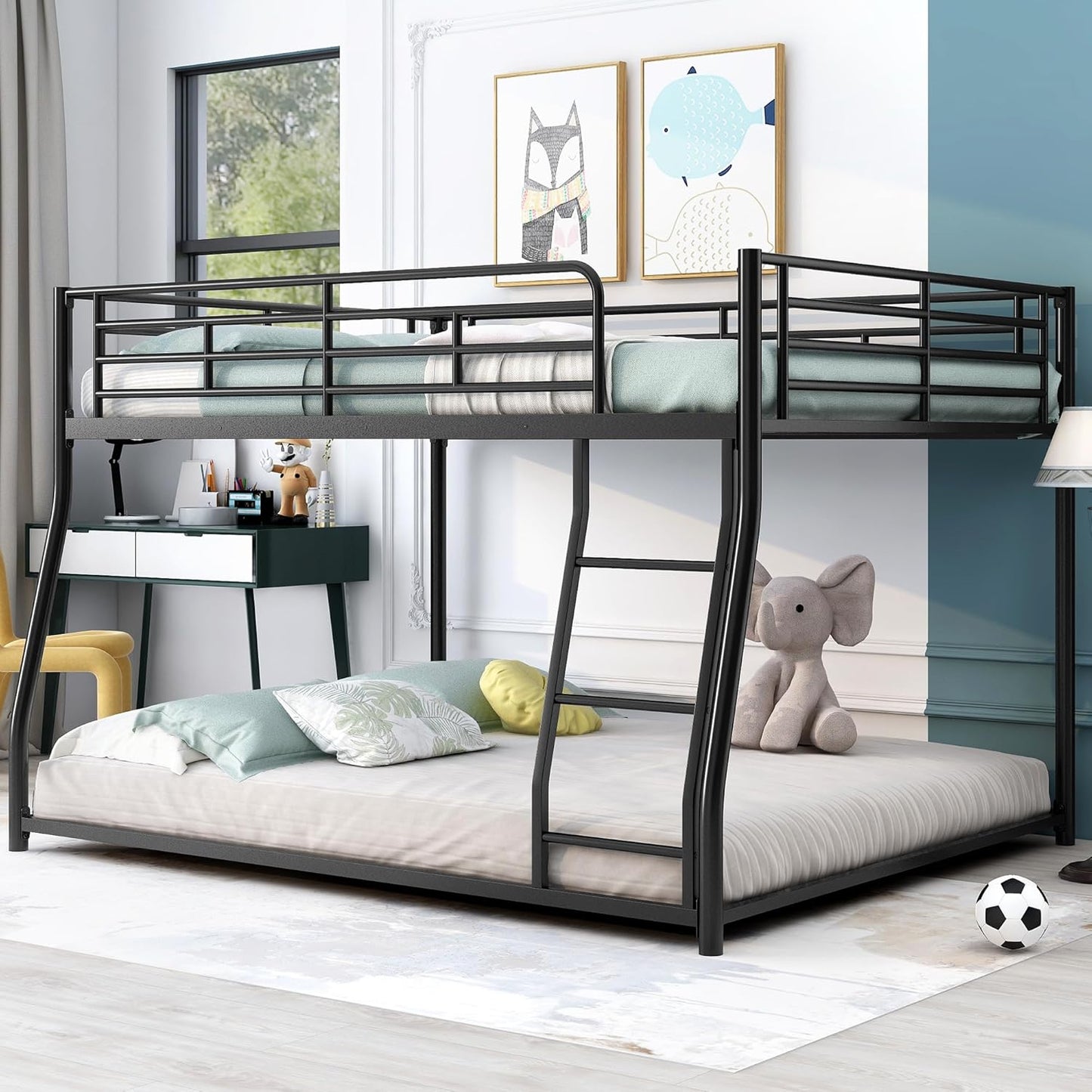 Lostcat Full XL Over Queen Bunk Beds for Adults, Heavy-Duty Metal Bunk Bed for Boys Girls Teens Bedroom Dormitory,Can be Divided into Two Beds, Storage Space, Noise Free, Easy Assembly, Black