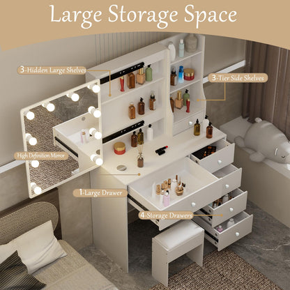 LIANWANG Dressing Table with LED Lighting, 3 Colour Temperatures, Adjustable Brightness, Dressing Table with Mirror for Make-Up, 6 Drawers, 1 Stool, 131 x 80 x 36 cm, White