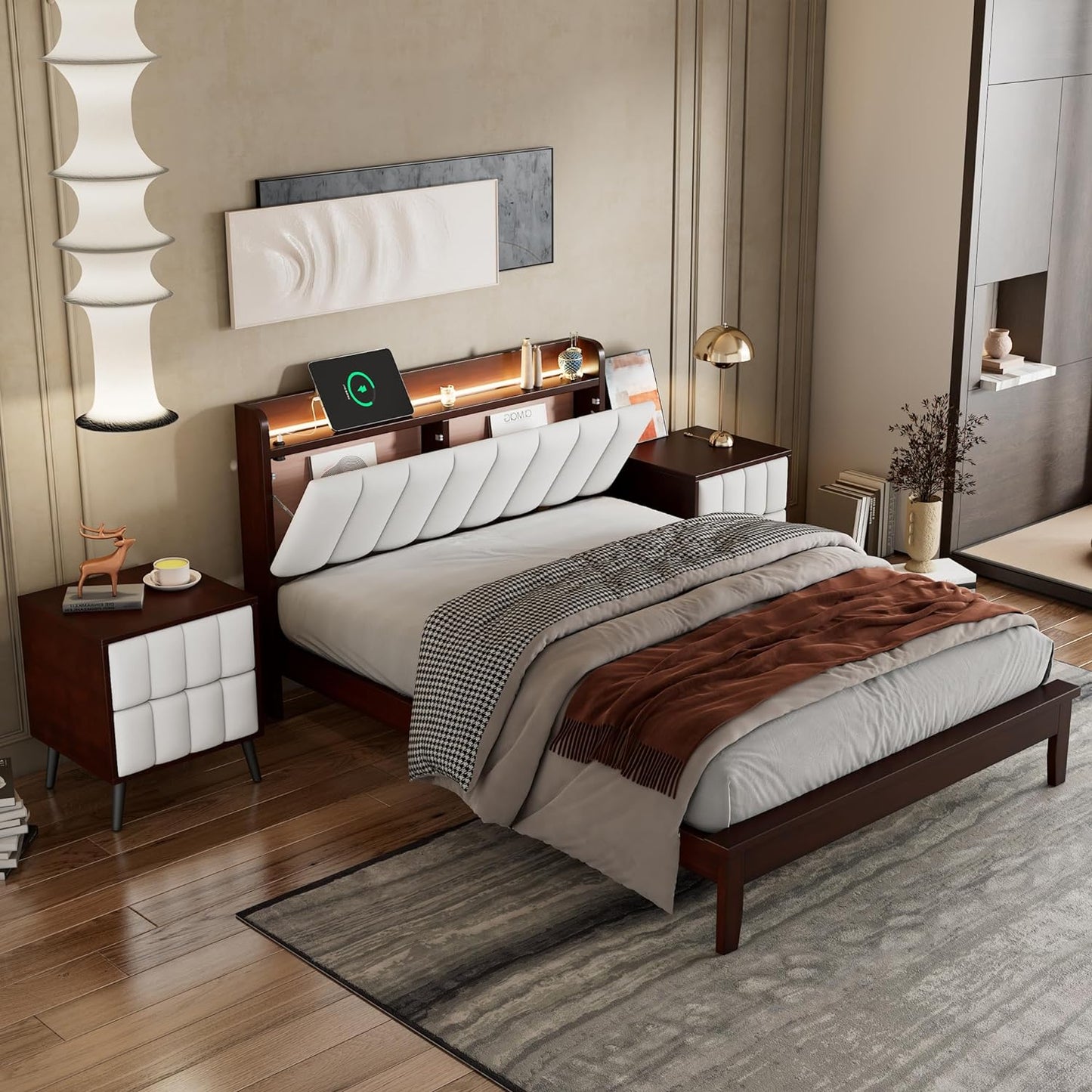 HOHOUSE 3-Pieces Bedroom Sets,Full Size Wood Platform Bed and Two Nightstands,Storage Platform Bed with USB and LED Lights-Walnut+Beige