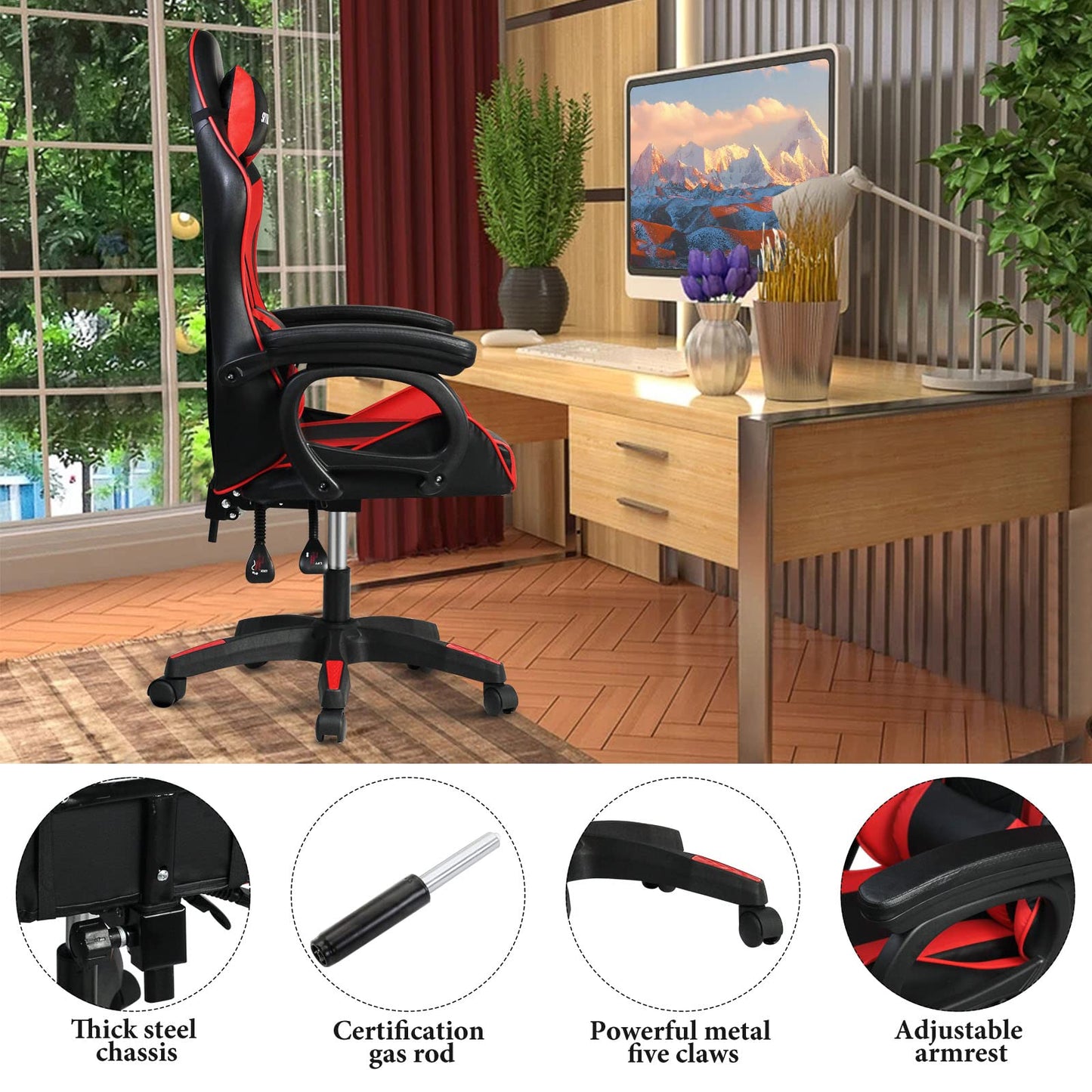 SKY-TOUCH Gaming Chair，Adjustable Computer Chair Pc Office Pu Leather High Back, Ergonomic design Lumbar Support,Comfortable Armrest Headrest，Black