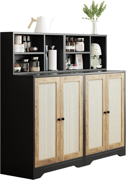 JASIWAY Sideboard - Kitchen Buffet Cabinet with Rattan Decorated Doors, Accent Sideboard Cabinet, Coffee Bar Cabinet Rattan Sideboard for Dining Room, Kitchen, Hallway, Black