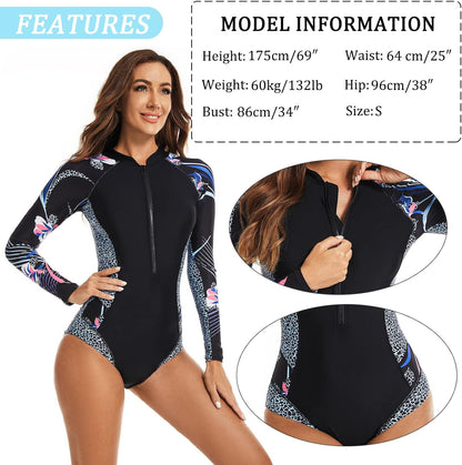 Maeau Women's Long Sleeve Rash Guard UV Protection Zipper Printed Surfing One Piece Swimsuit Bathing Suit