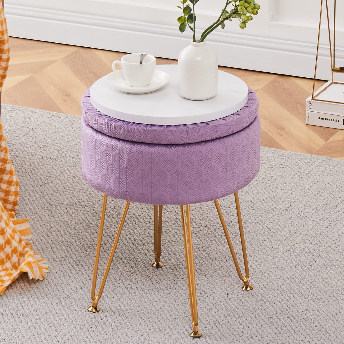 Cpintltr Footrest Footstools Round Velvet Ottoman with Storage Space Soft Vanity Chair with Memory Foam Seat Small Side Table Hallway Step Stool 4 Gold Metal Legs with Adjustable Footings Champagne