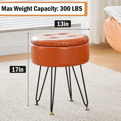 Cpintltr Faux Leather Storage Ottoman Round Footrest Stool Multifunctional Upholstered Ottoman with Metal Legs Modern Vanity Stools Tray Top Coffee Table Suitable for Living Room Bedroom Black