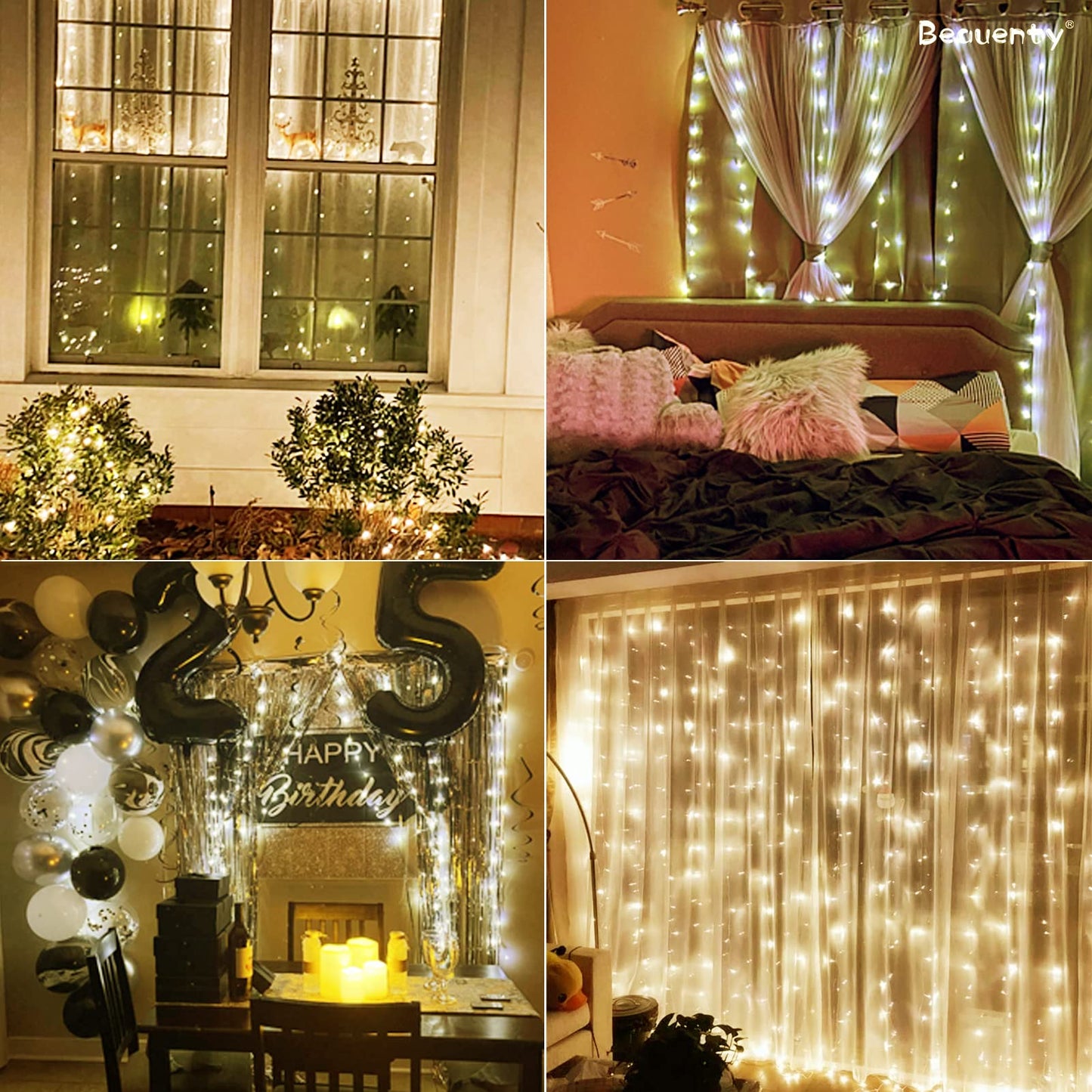 Beauenty Window Curtain String Light 300 LED 8 Modes USB Powered Waterproof Fairy String Lights Wedding Party Ramadan Home Garden Bedroom Outdoor Indoor Wall Christmas Decorations (Warm White)