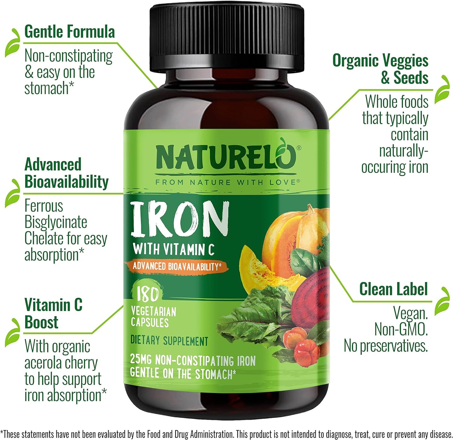 NATURELO Vegan Iron Supplement with Vitamin C and Organic Whole Foods - Gentle Pills for Women & Men w/Iron Deficiency Including Pregnancy, Anemia Diets 90 Mini Capsules