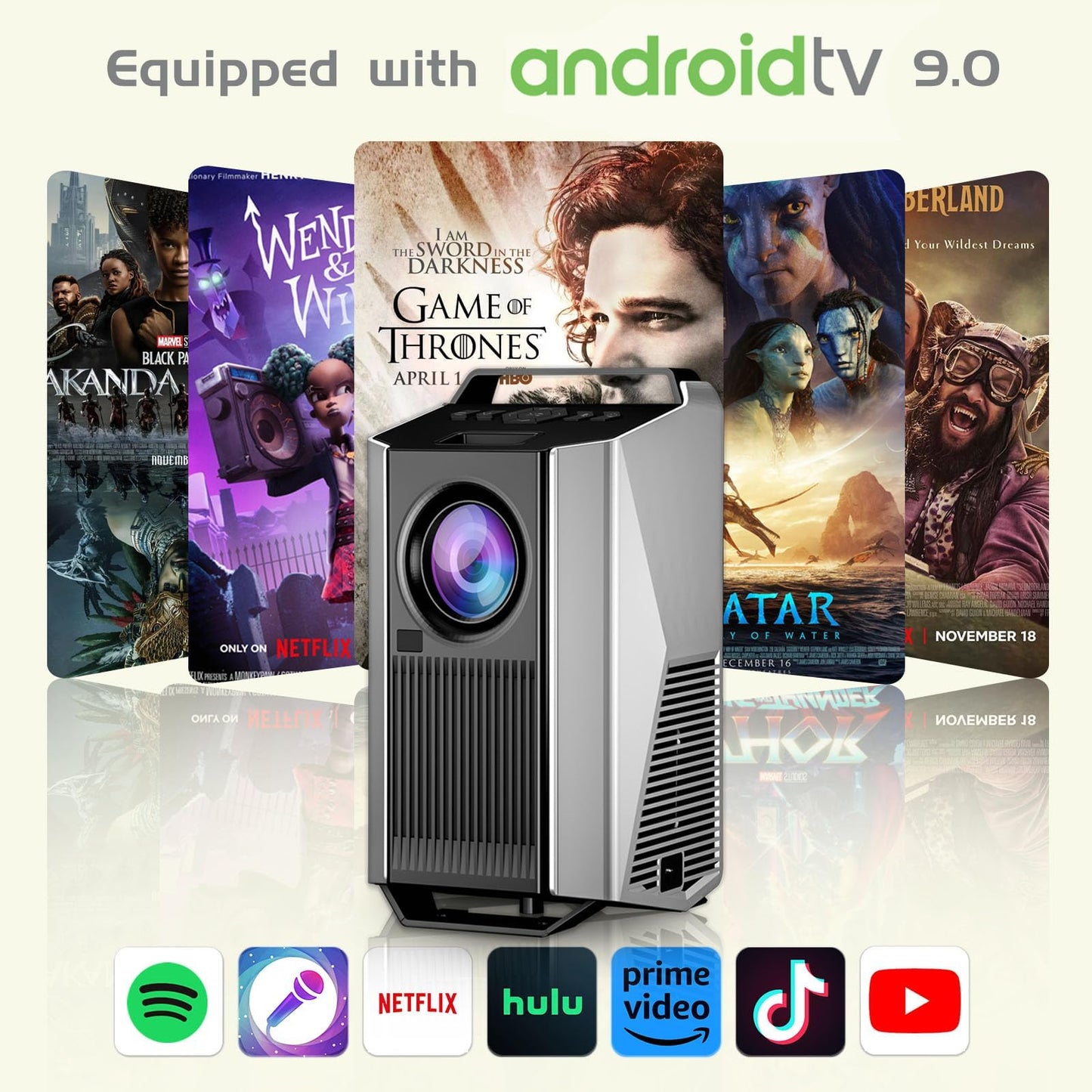 GINCSRI Projector【Android System】with 5G WiFi and Bluetooth 5.3, 4K Supported Native 1080P Full HD Video Projector,600ANSI Movie Projector,Max 300”,HDMI, USB, Zoom, 4D Keystone Correction