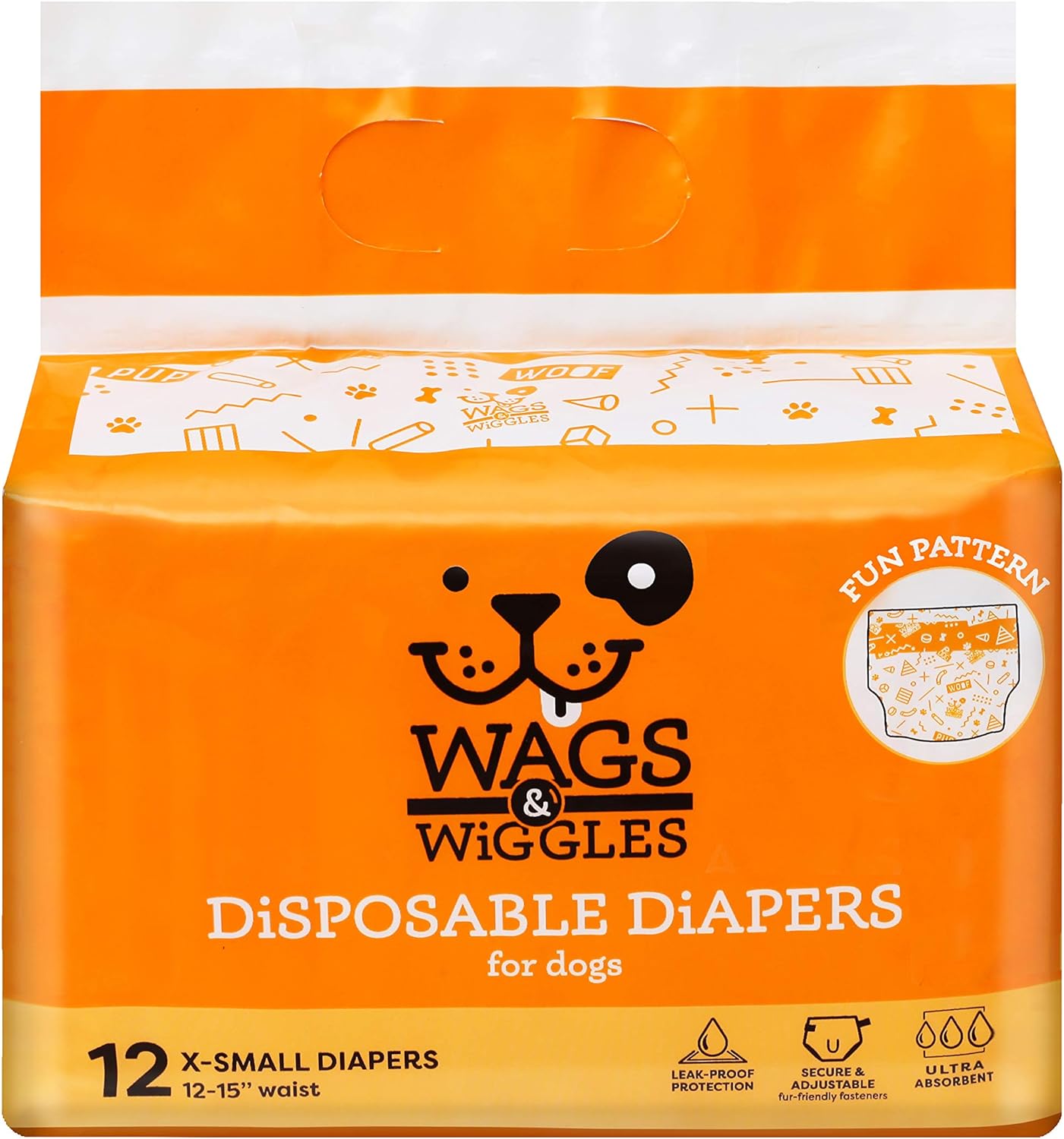 Wags & Wiggles Female Dog Diapers | Doggie Diapers for Female Dogs | Medium Dog Diapers, 16.5"-21" Waist - 12 Pack