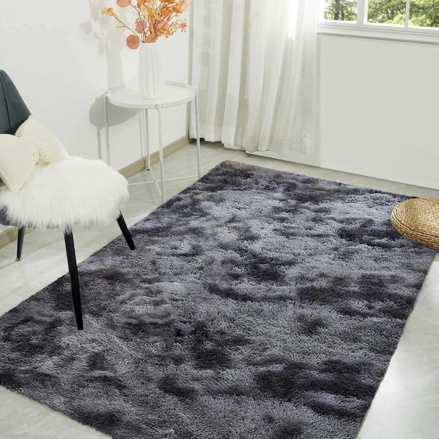 ASIinnsy Area Rugs Soft Fluffy Carpets For Living room Shaggy Rug Modern Area Rug For Bedroom Anti-Slip Rugs For Kids Room Indoor Home Decorative Carpet (Black Grey, 80 x 120cm)