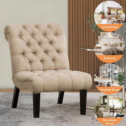 Alunaune Bedroom Chairs Armless Accent Lounge Chair Upholstered Tufted Sofa Backrest Fabric Recliner Living Room Chairs with Wood Legs-Khaki