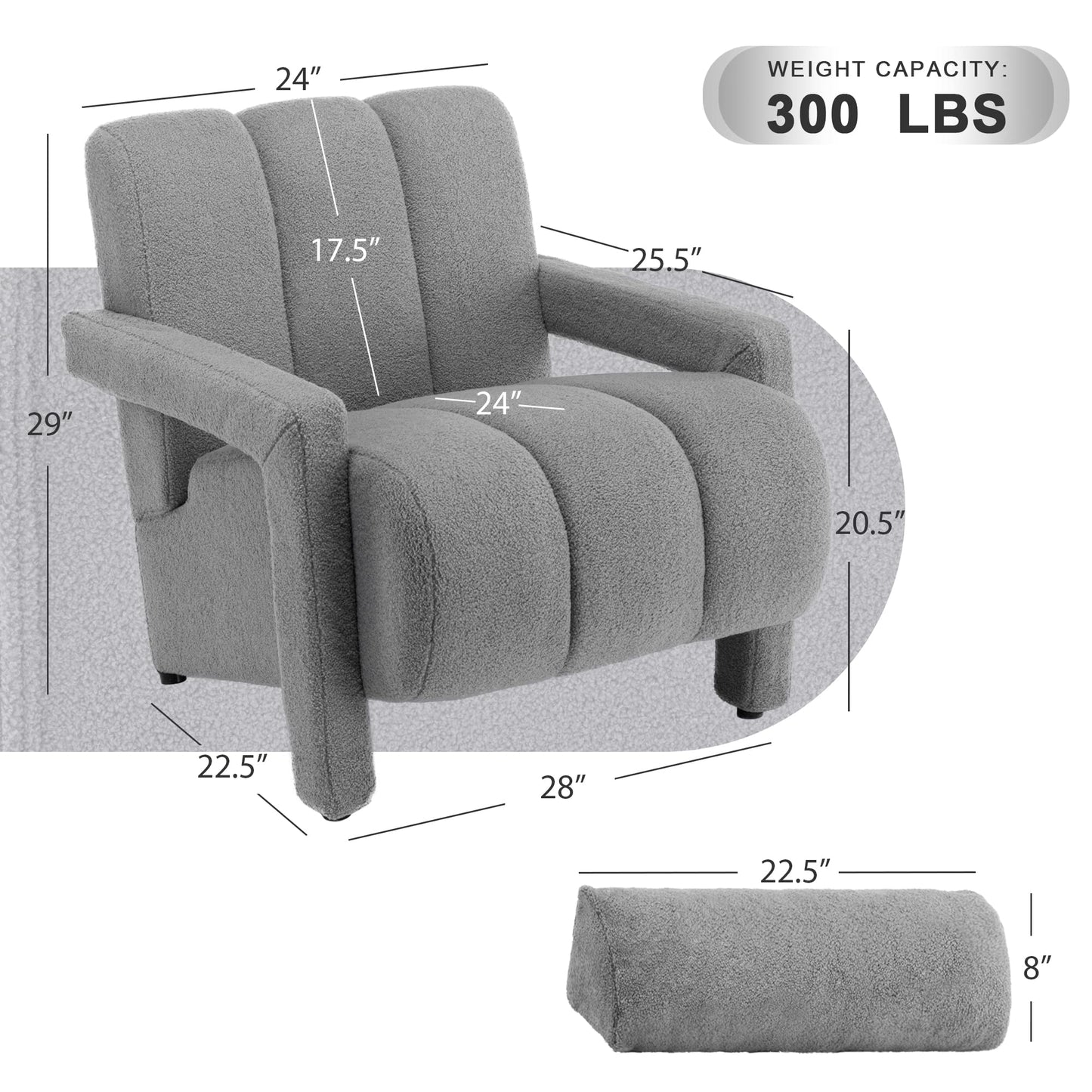 LOULENS Lambswool Accent Chair, Modern Upholstered Sherpa Accent Chair, Comfy Teddy Single Armchair with Pillow for Living Room, Bedroom (Grey, Backrest Under The Cushion)