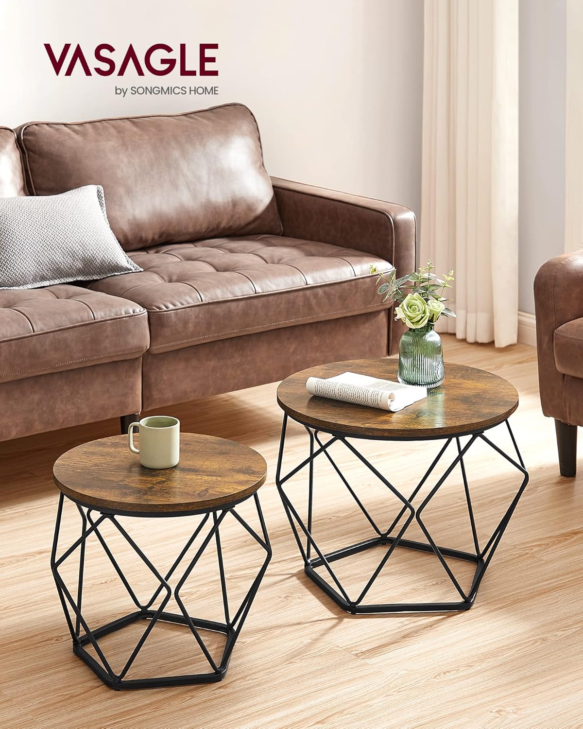 Vasagle Coffee Side Table Set Of 2, End Table With Steel Frame, For Living Room, Bedroom, Office, Rustic Brown And Black Ulet040B01