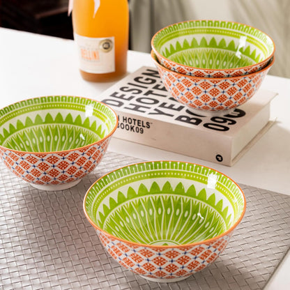 Techplus Set of 4 Orange and Green Ceramic Bowls – 6.25 Inch Floral Pattern – Microwave, Dishwasher, Oven Safe – Perfect for Salads, Pasta, Soup – Stylish Kitchen Gift