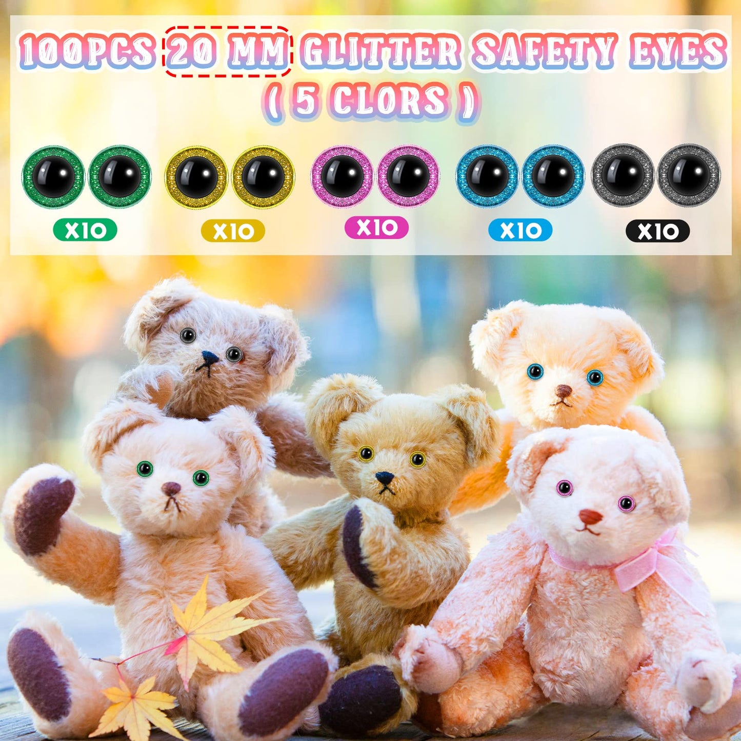 100 Pieces Glitter Large Safety Eyes for Amigurumi Stuffed Animal Eyes Plastic Craft Crochet Eyes for DIY of Puppet Bear Crafts Toy Doll Making Supplies (28mm)