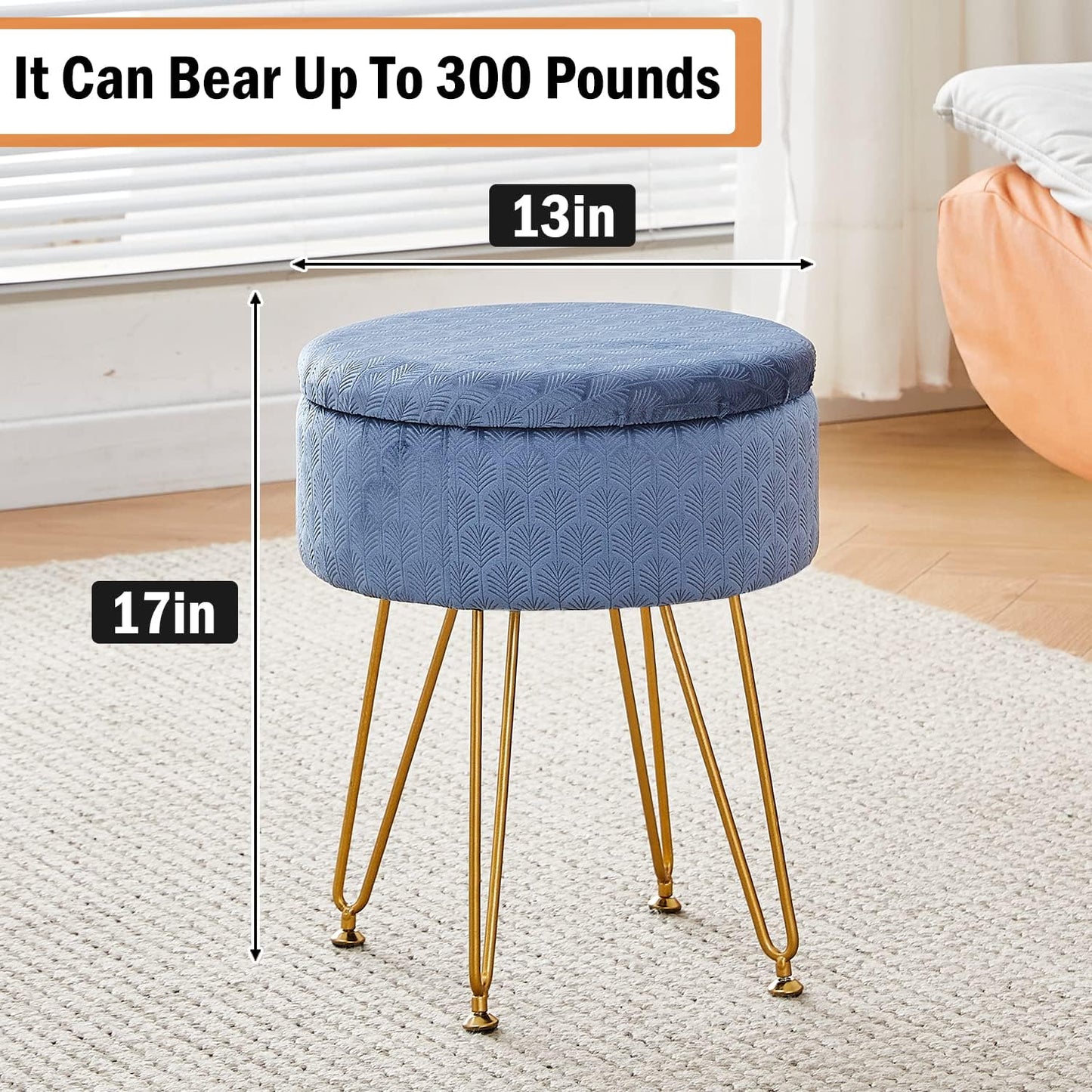 Cpintltr Footrest Footstools Round Velvet Ottoman with Storage Space Soft Vanity Chair with Memory Foam Seat Small Side Table Hallway Step Stool 4 Gold Metal Legs with Adjustable Footings Champagne