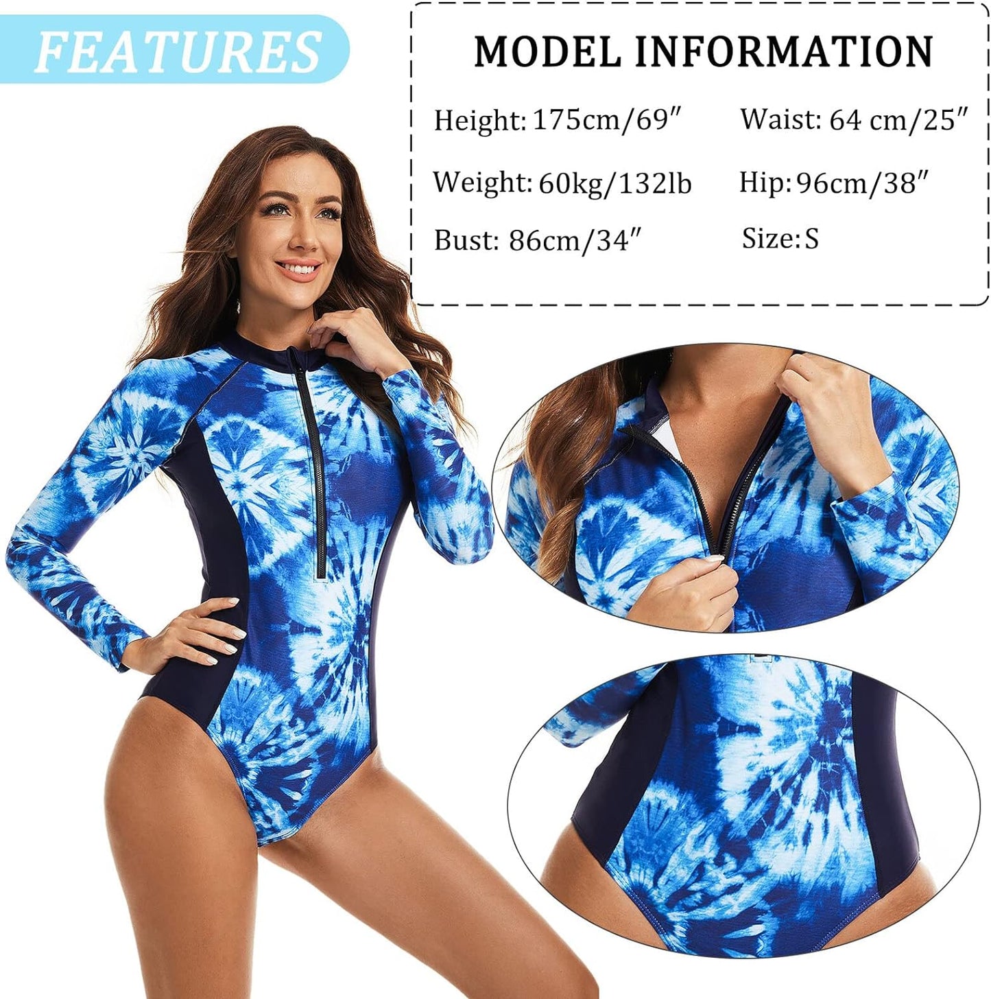 Maeau Women's Long Sleeve Rash Guard UV Protection Zipper Printed Surfing One Piece Swimsuit Bathing Suit