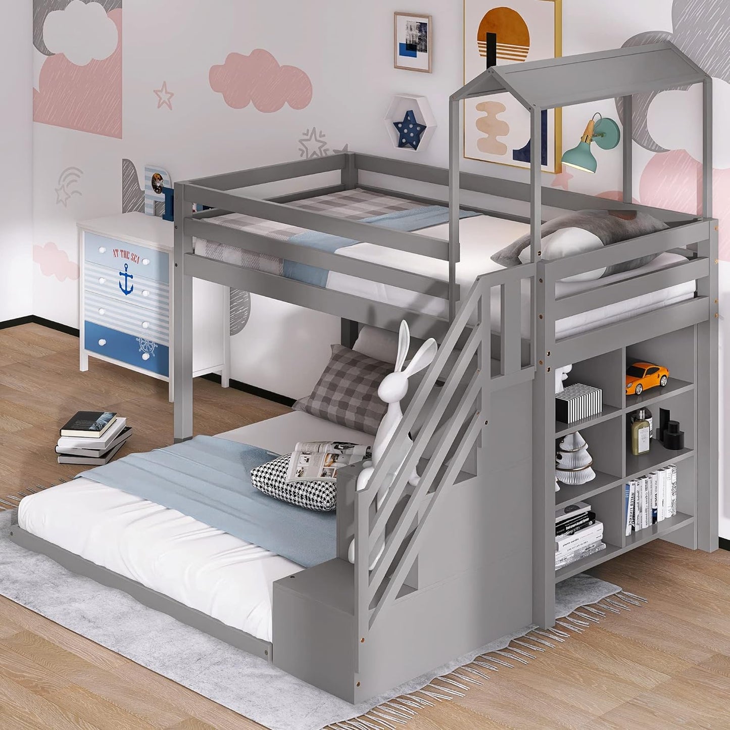 MOEO Twin Over Full House Roof Bunk Bed with Staircase and Shelves, Bedroom Wooden Bunkbed Fram w/Storage, Guard Rails for Kids, Teens, Adults, No Box Spring Required, Gray