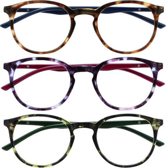 Opulize Met 3 Pack Reading Glasses Large Round Brown Purple Green Mens Womens Spring Hinges RRR60-256 +0.00