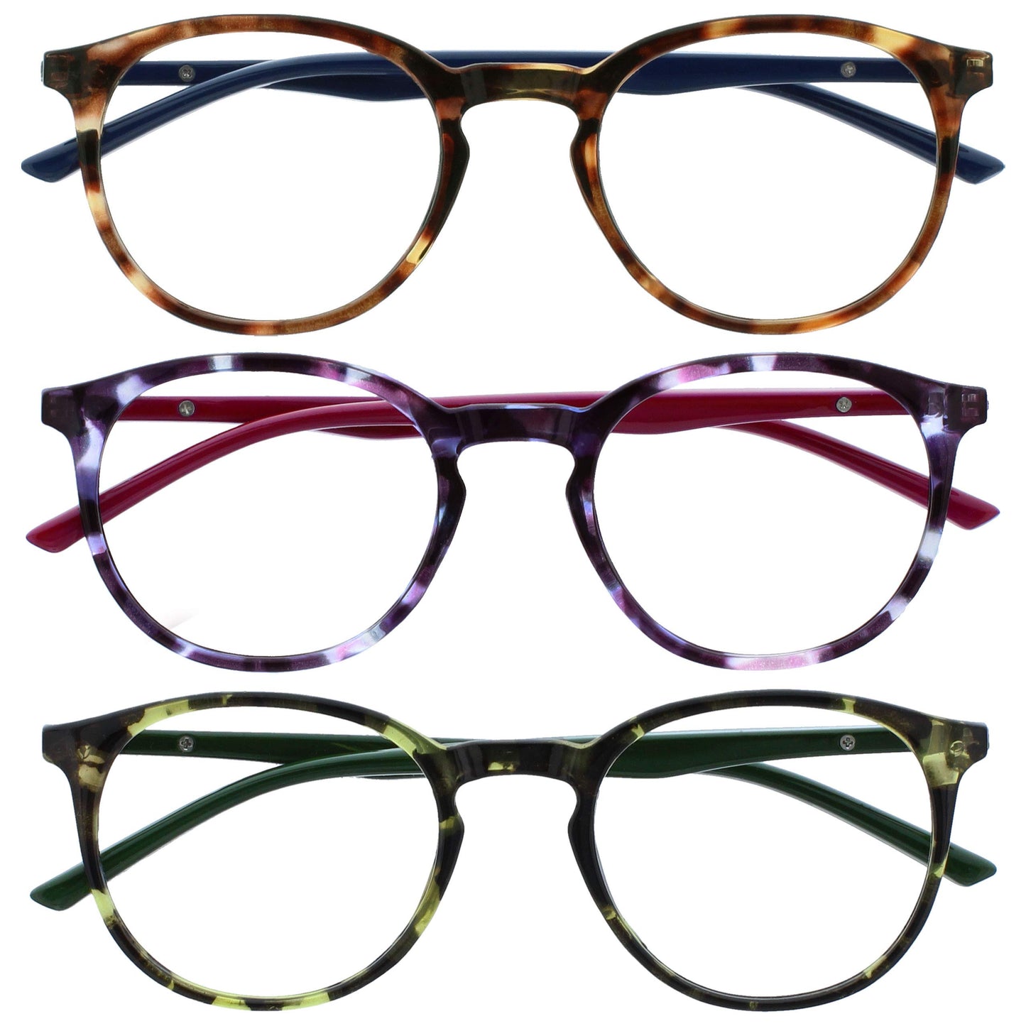 Opulize Met 3 Pack Reading Glasses Large Round Brown Purple Green Mens Womens Spring Hinges RRR60-256 +0.00