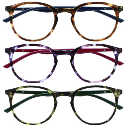 Opulize Met 3 Pack Reading Glasses Large Round Brown Purple Green Mens Womens Spring Hinges RRR60-256 +0.00