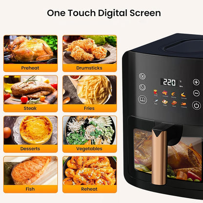 Air Fryer Large Capacity 8L with Oil-Free, Visible Cooking Window & Internal Light, with Led Touch Screen for 8-in-1 Functions, Space-Saving Slim Design And Customized Temp/Time