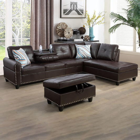 UBGO Sectional Living Room Furniture, L-Shape Couch with Ottomans and Chaise Lounge,Faux Synthetic Leather Nailhead Trim w/Cup Holders,3-Piece Sofa Set, Brown-B